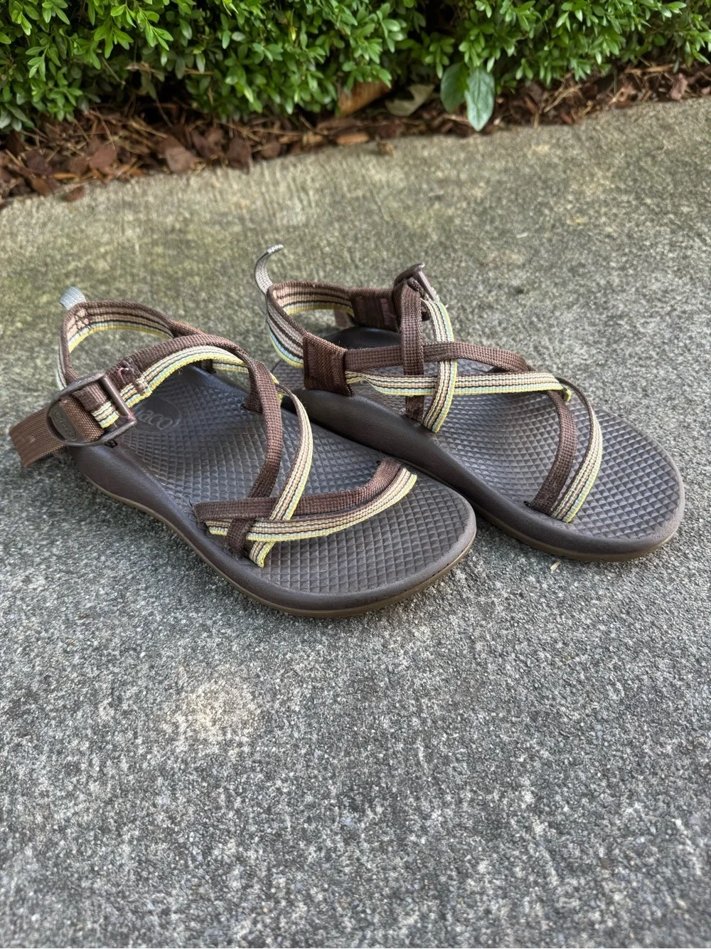 Chaco Kids Brown Sandals with Yellow and Green Stripe Size 1 No Toe Strap